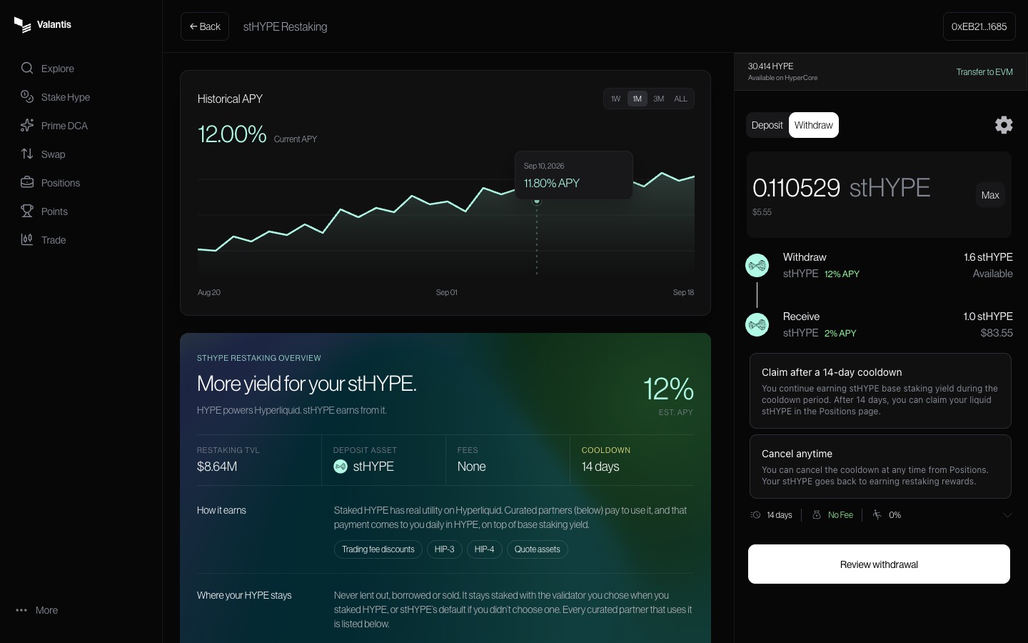 Withdraw tab with an amount field, cooldown explanation, cancellation information, and Review withdrawal button.