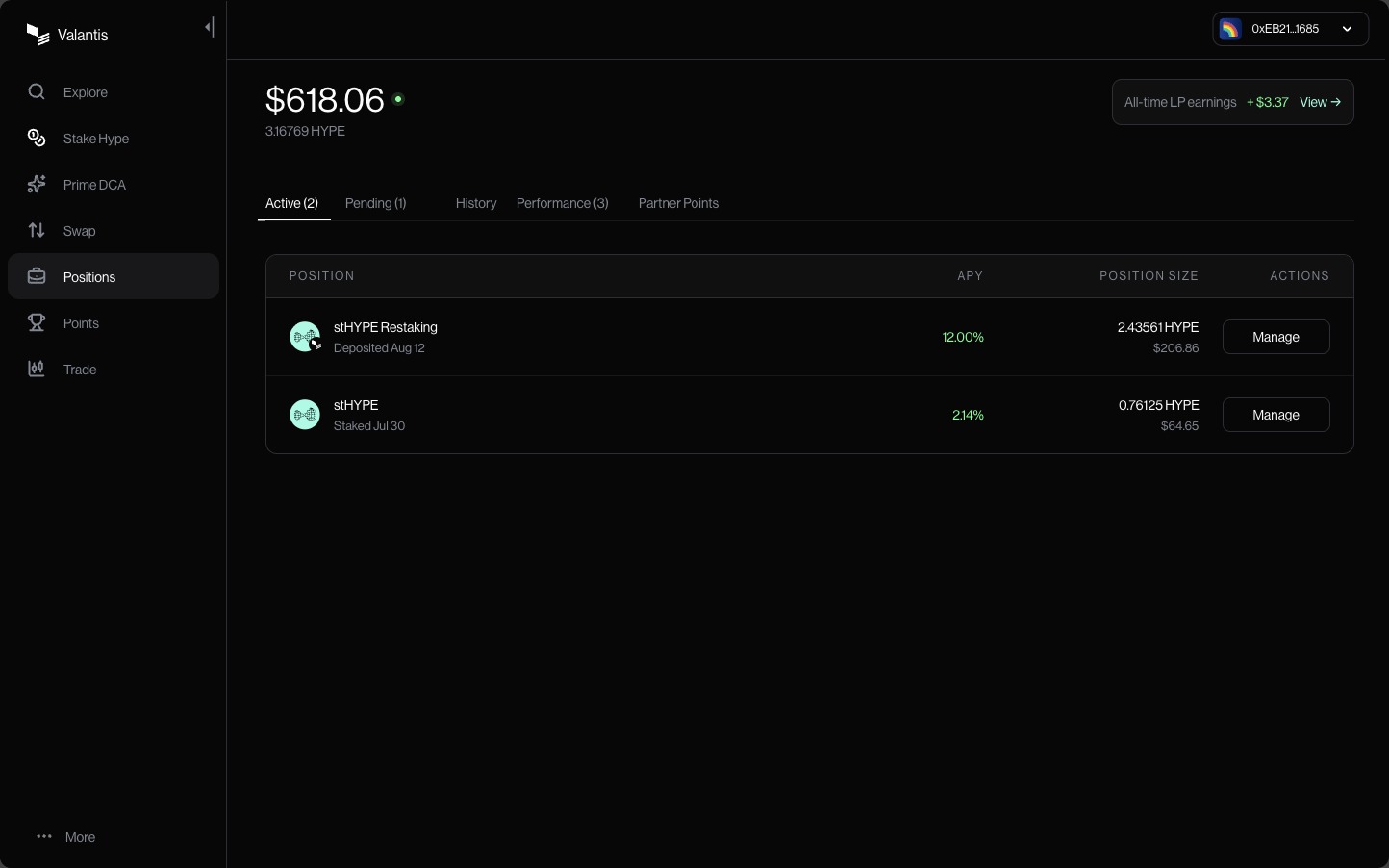 Positions page with Active selected and a stHYPE Restaking row showing APY, position size, and Manage.