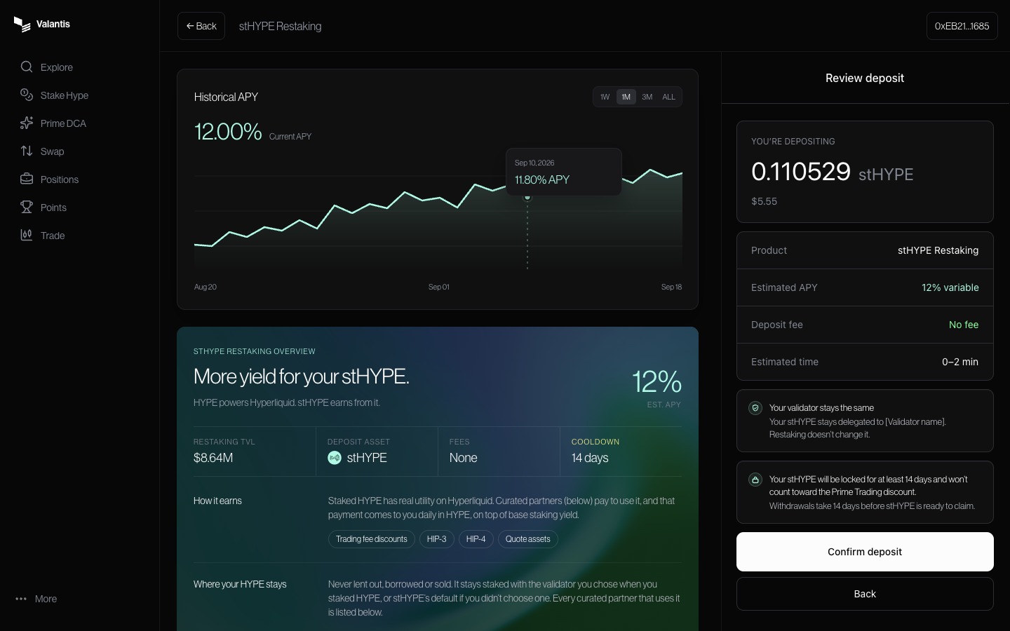 Review deposit panel showing the amount, variable APY, fee, unchanged validator, withdrawal commitment, and Confirm deposit button.