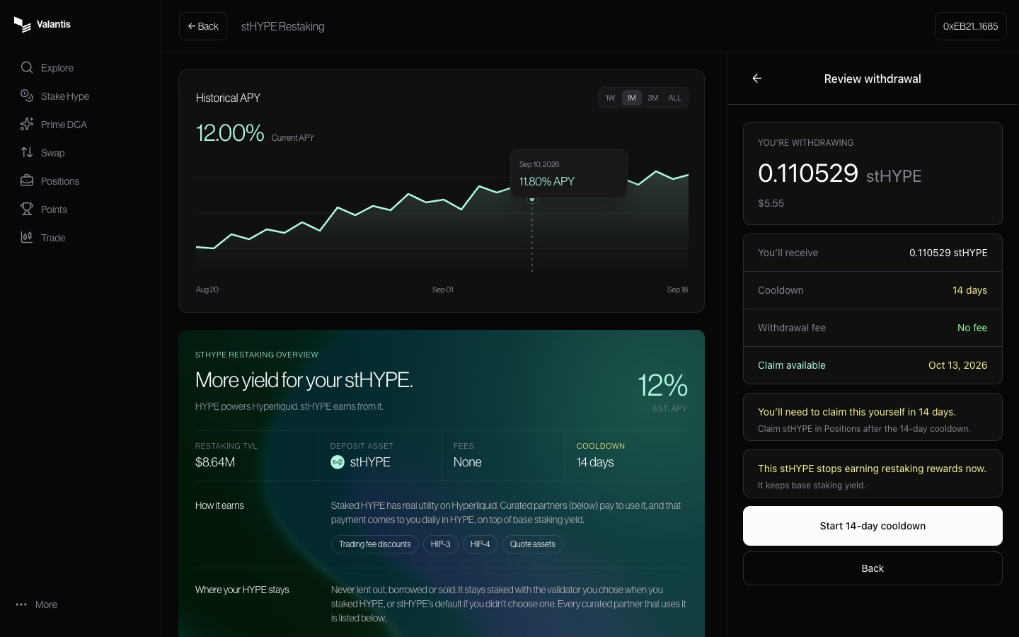 Review withdrawal panel with the amount, cooldown, claim date, and button to start the cooldown.