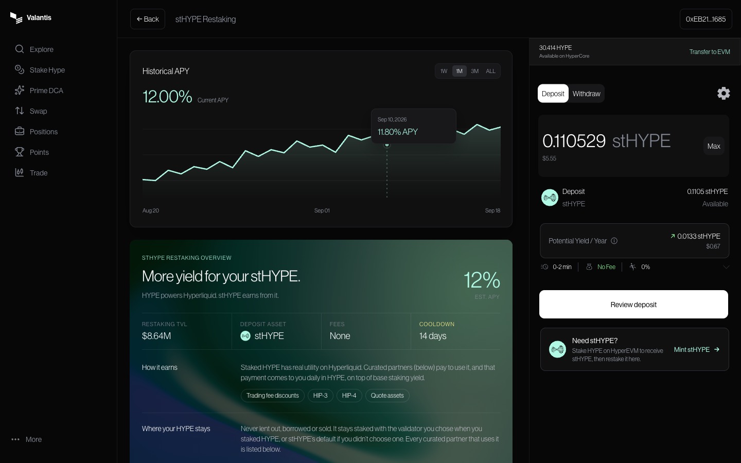 Deposit tab with the stHYPE amount field, Max option, annual yield estimate, and Review deposit button.