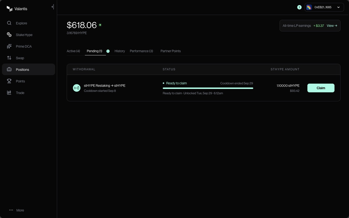 Pending tab with a stHYPE Restaking withdrawal marked Ready to claim and a Claim button.